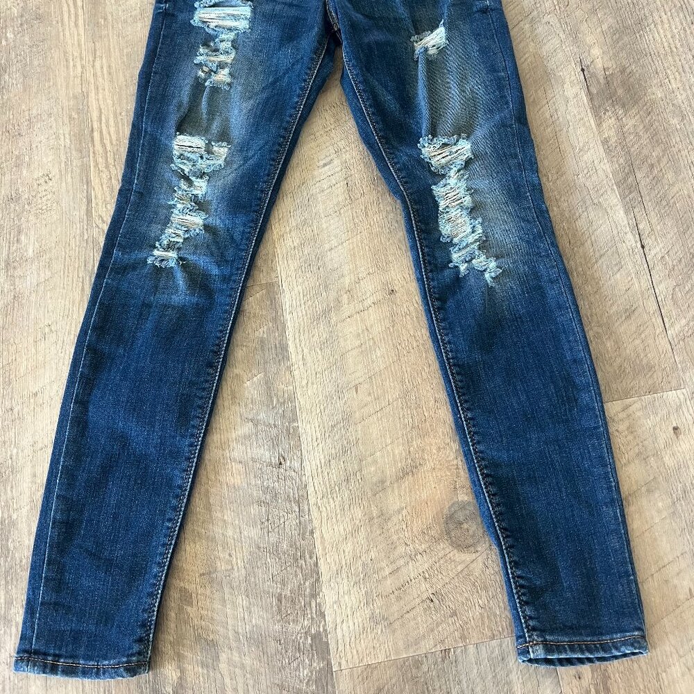 Express Mid Rise Dark Wash Ripped Skinny Jeans - Picture 5 of 6